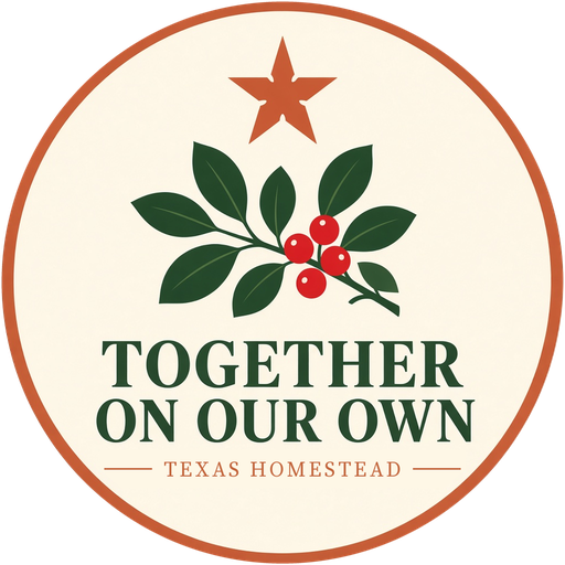 TogetherOnOurOwn logo: a Texas star over yaupon leaves and red berries